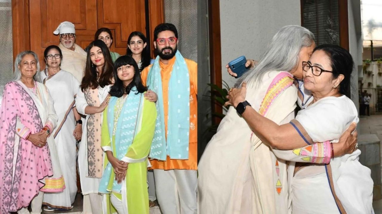 Mamata Banerjee ties rakhi to Amitabh Bachchan, poses with family members at his bungalow