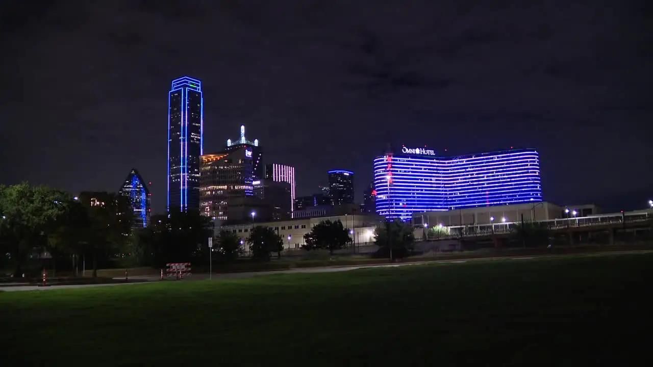 Dallas city skyline lit up blue to show support for Israel.